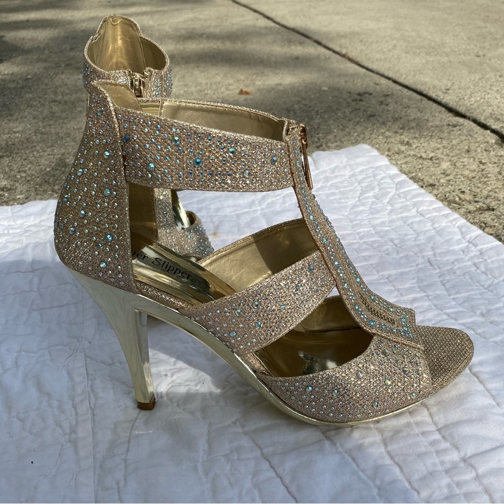 Golden shimmery jeweled high heels